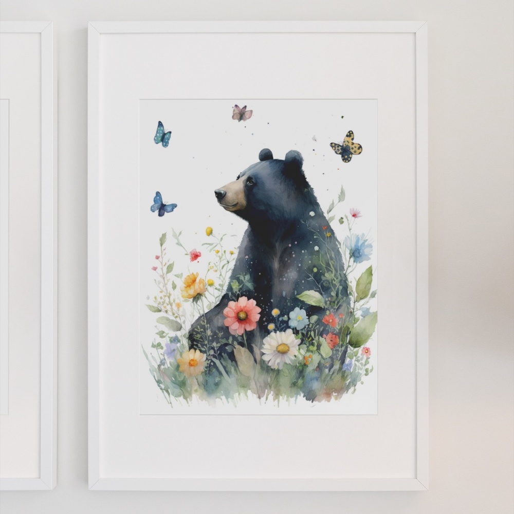 Floral Black Bear Watercolor Portrait Wall Art Illustration Print Unframed - Picture 2 of 6